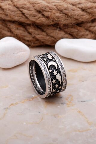 Gece Gündüz Tasarımı Elişi Taşlı Gümüş Kadın Alyans 31