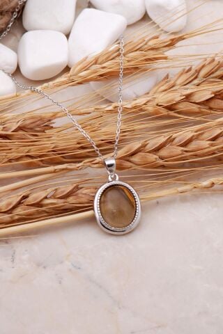 Akik Taşlı Rodyumlu Gümüş Kolye 7449