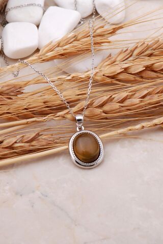 Akik Taşlı Rodyumlu Gümüş Kolye 7449