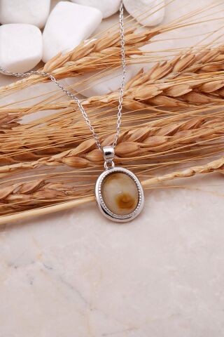 Akik Taşlı Rodyumlu Gümüş Kolye 7449