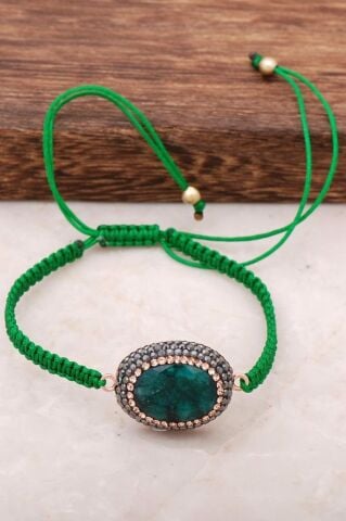 Kök Zümrüt Taşlı Rose Gümüş Makrome Bileklik 2994