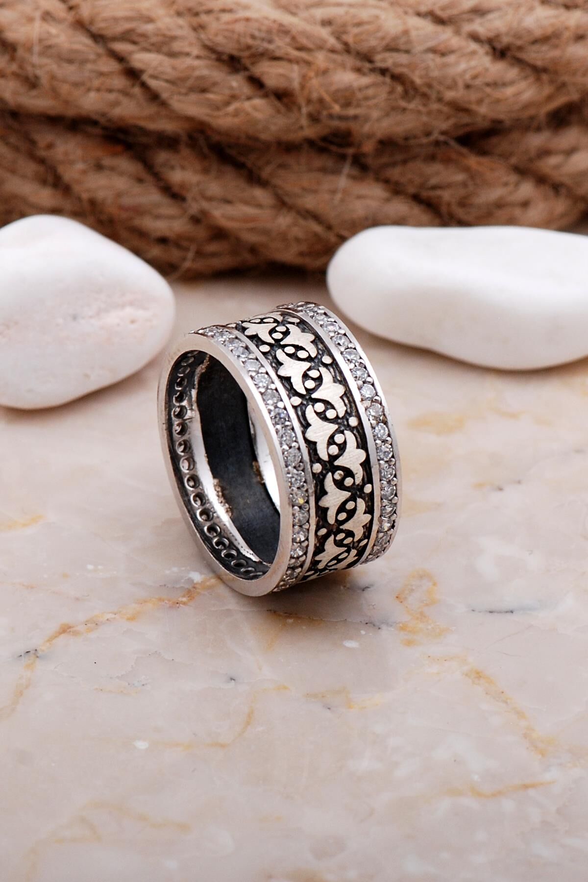 Tasarım Elişi Taşlı Gümüş Kadın Alyans 33