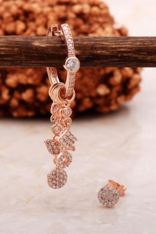 Taşlı Rose Gümüş Kombin Şans Küpe 5460