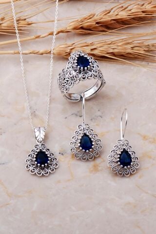 Safir Taşlı Telkari El Yapımı Gümüş Set 1494