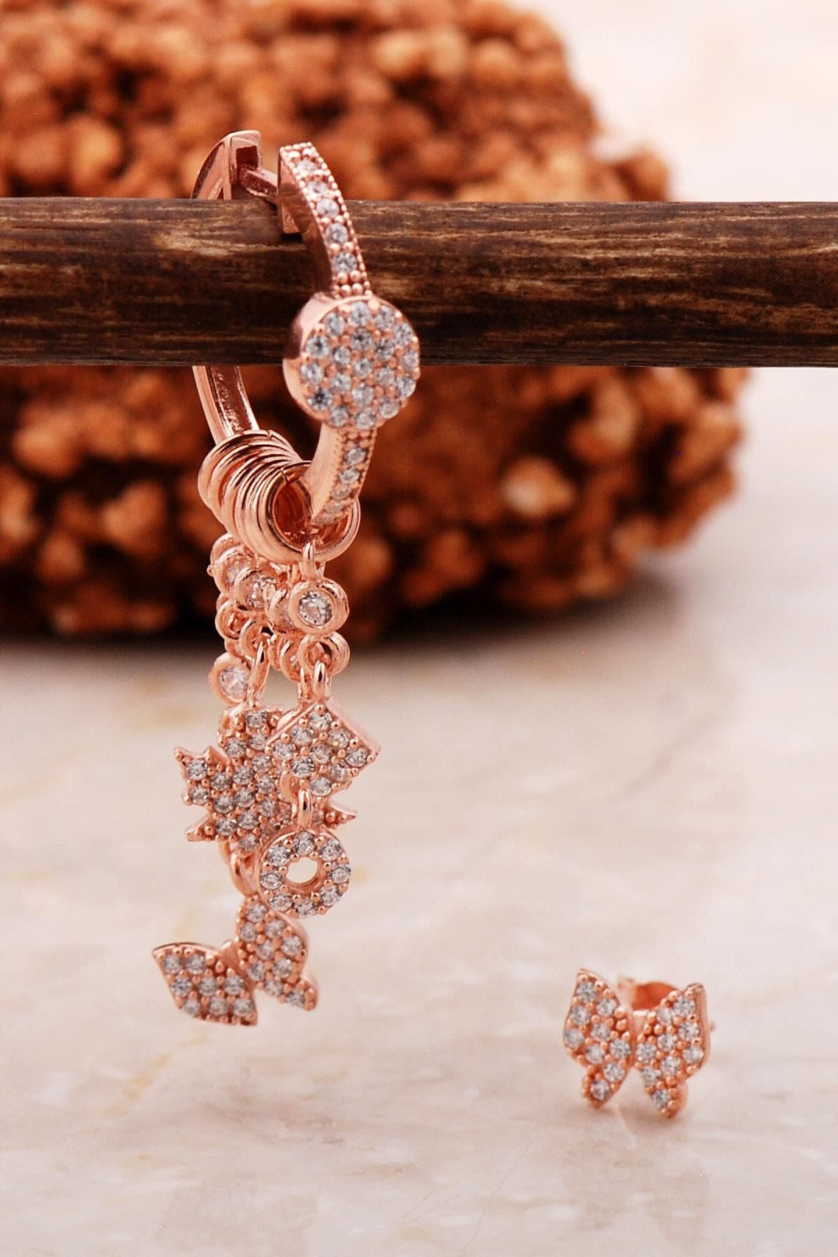 Kelebek Rose Gümüş Kombin Şans Küpe 5462