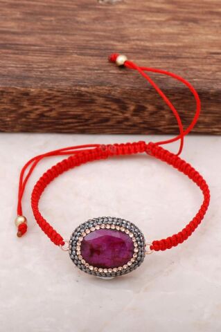 Kök yakut Taşlı Rose Gümüş Makrome Bileklik 2996