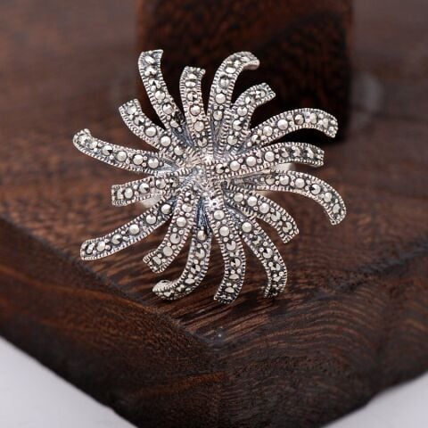 Rüzgar Gülü Markazit Taşlı Tasarım Gümüş Yüzük 2440