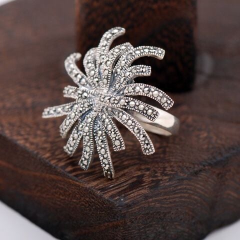 Rüzgar Gülü Markazit Taşlı Tasarım Gümüş Yüzük 2440