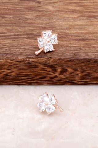 Zirkon Taşlı Rose Gümüş Yonca Tasarım Küpe 2104