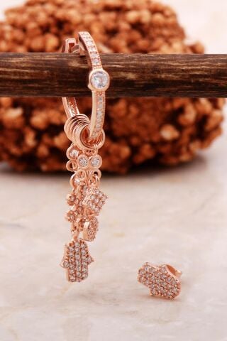 Bereket Eli Rose Gümüş Kombin Şans Küpe 5463