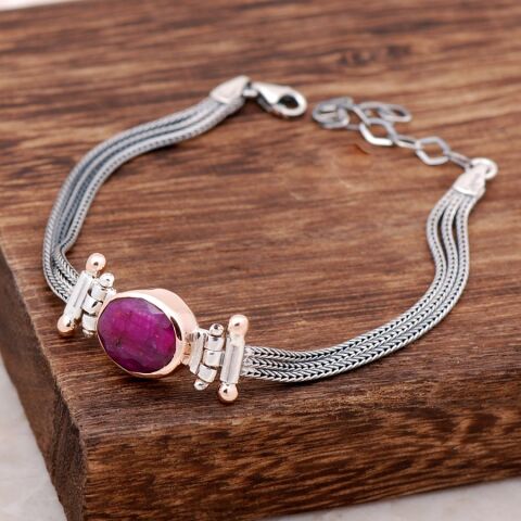 Kök Yakut Taşlı Elişi Sarma Gümüş Bileklik 2302