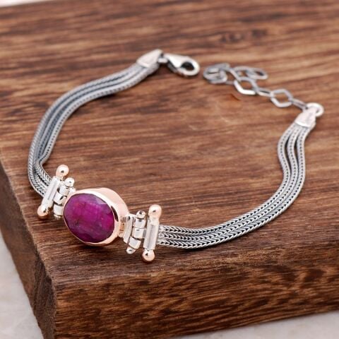 Kök Yakut Taşlı Elişi Sarma Gümüş Bileklik 2302