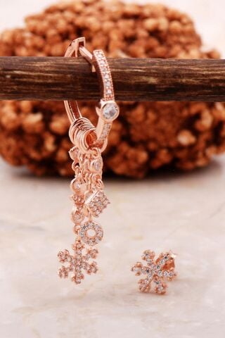 Kar Tanesi Rose Gümüş Kombin Şans Küpe 5465