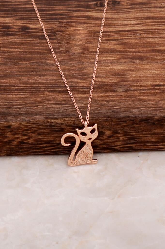 Kedi Tasarım Gümüş Kolye 6513