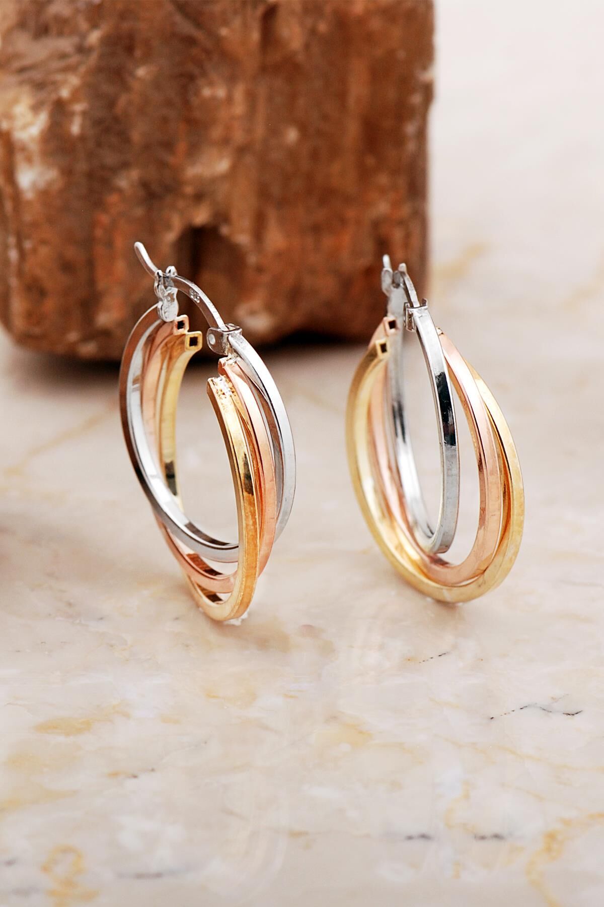 30 Mm Üç Renkli Tasarım Gümüş Halka Küpe 7053