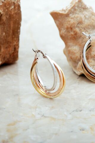 30 Mm Üç Renkli Tasarım Gümüş Halka Küpe 7053