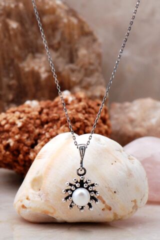 İnci Taşlı Tasarım Gümüş Kolye 7055