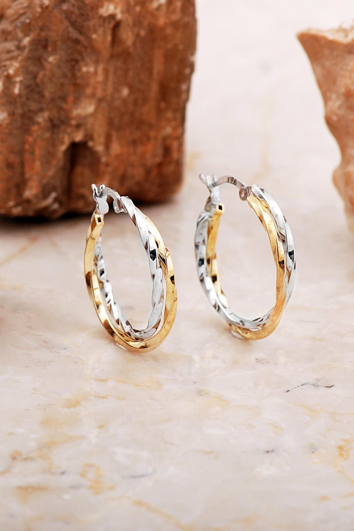 24 Mm Burgu Tasarım Altın Yaldızlı Gümüş Halka Küpe 7054