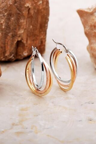 24 Mm Üç Renkli Tasarım Gümüş Halka Küpe 7055