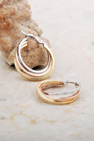 24 Mm Üç Renkli Tasarım Gümüş Halka Küpe 7055