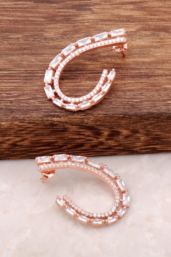 Baget Kesim Zirkon Taşlı Tasarım Ros Gümüş Küpe 1951