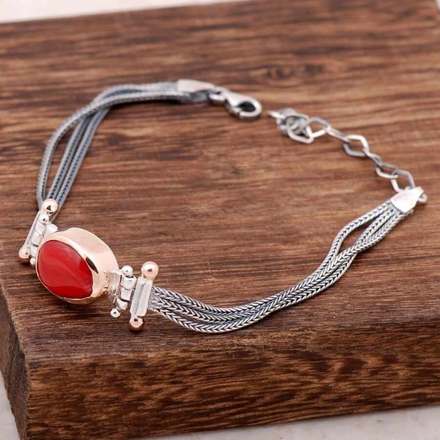 Mercan Taşlı Elişi Sarma Gümüş Bileklik 2308