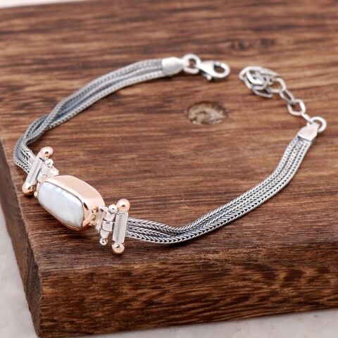 İnci Taşlı Elişi Sarma Gümüş Bileklik 2309