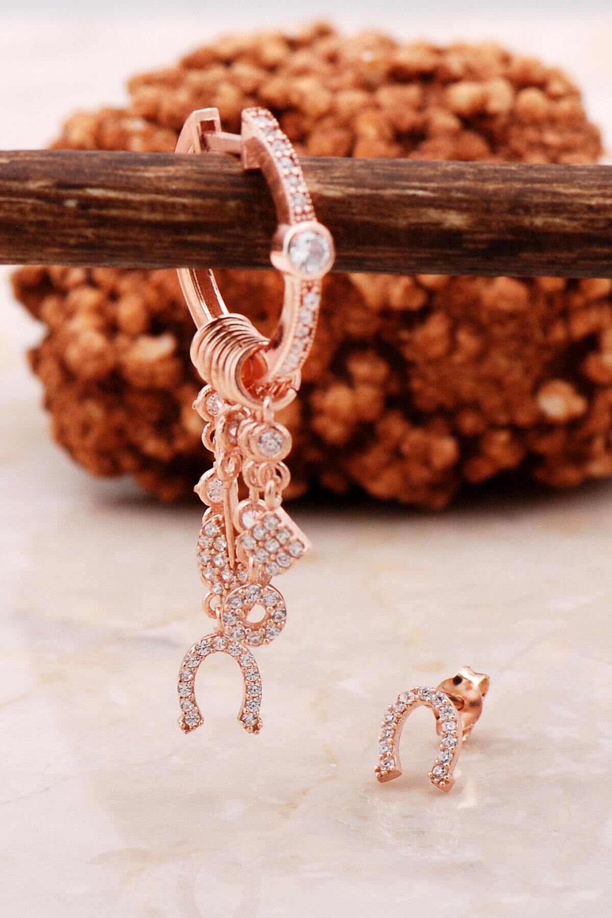 Nal Rose Gümüş Kombin Şans Küpe 5471