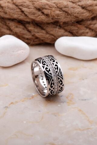 Tasarım Elişi Taşlı Gümüş Kadın Alyans 43