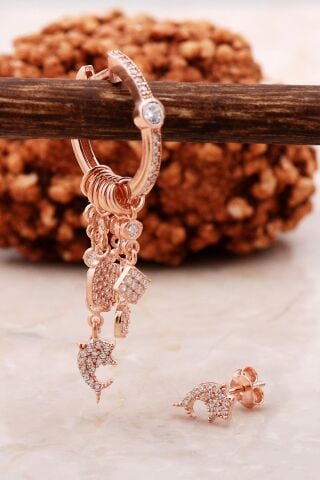 Yunus Balığı Rose Gümüş Kombin Şans Küpe 5472