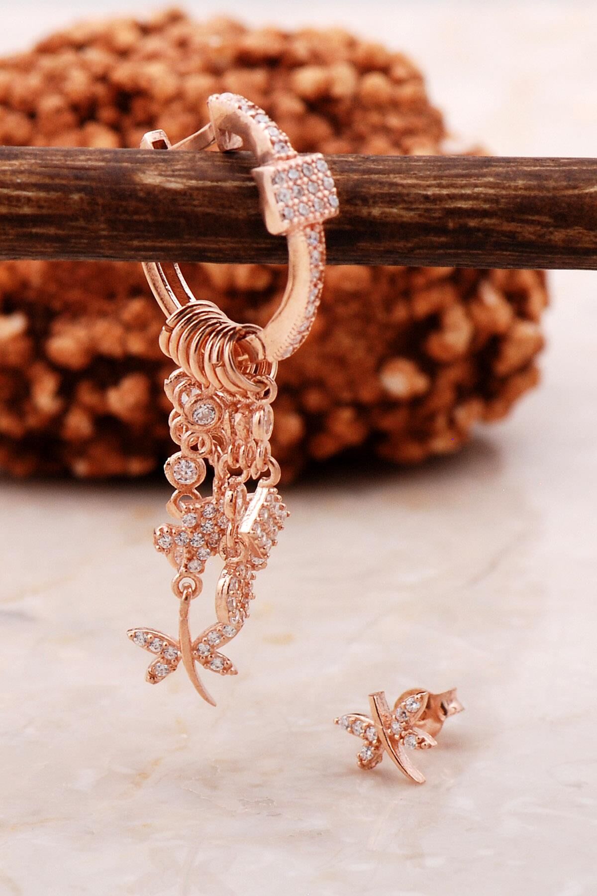 Yusufçuk Rose Gümüş Kombin Şans Küpe 5475