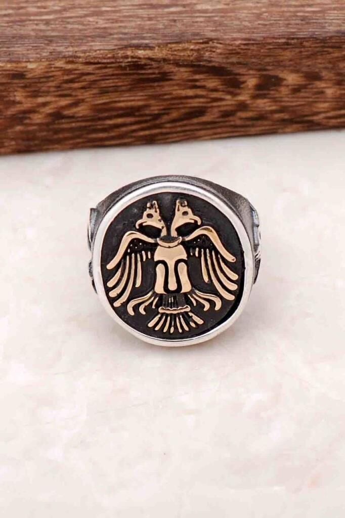 Çift Başlıklı Kartal Tasarım Elişi Gümüş Erkek Yüzük 349