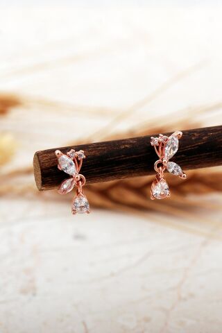 Taşlı Kelebek Rose Mini Gümüş Küpe 7403