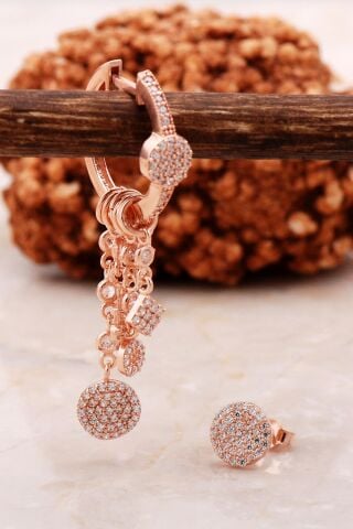 Taşlı Rose Gümüş Kombin Şans Küpe 5477