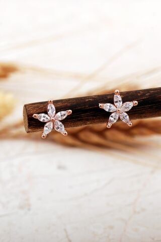 Taşlı Yasemin Çiçeği Rose Mini Gümüş Küpe 7404