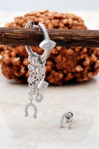 Nal Rodyumlu Gümüş Kombin Şans Küpe 5479
