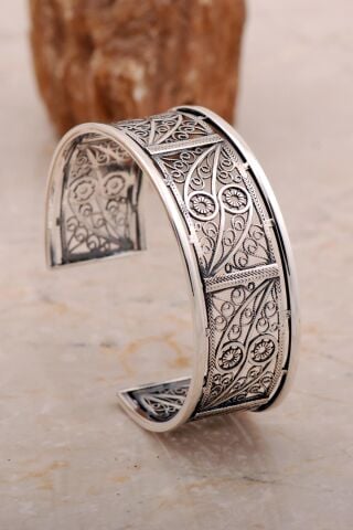 Telkari İşlemeli Elişi Tasarım Oksitli Gümüş Bilezik 4657