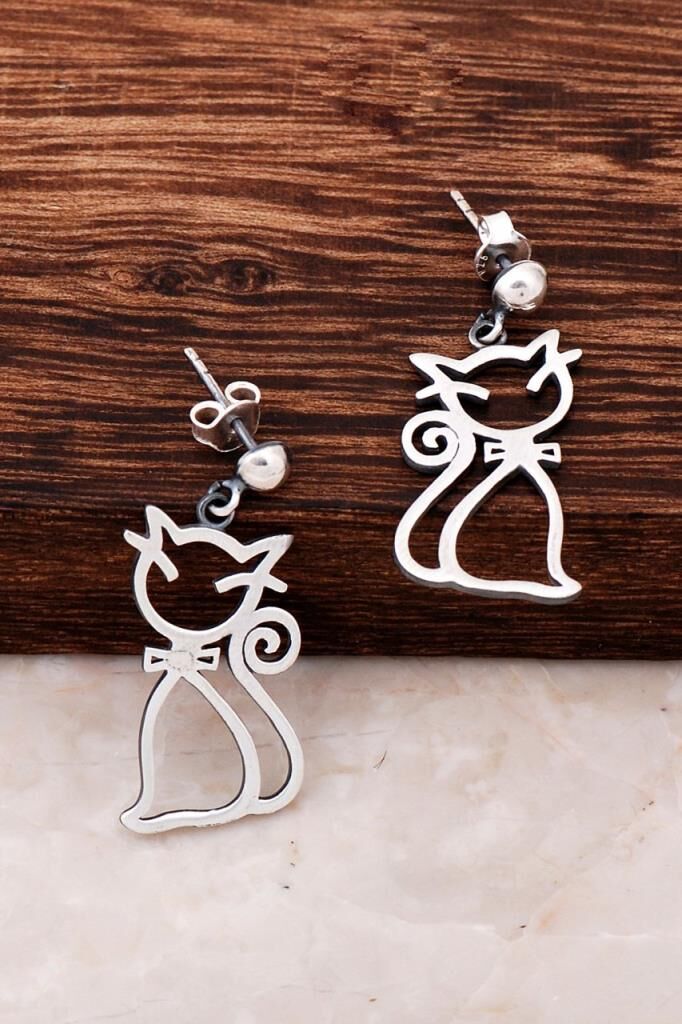 Kedi Tasarım Elişi Gümüş Küpe 4263