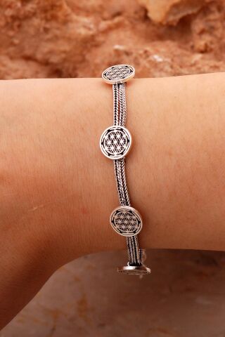 Yaşam Çiçeği Hasır Elişi Oksitli Gümüş Bileklik 4430