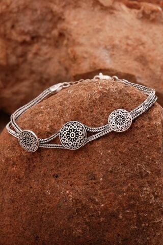 Anadolu Motifli Hasır Elişi Oksitli Gümüş Bileklik 4431
