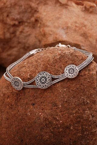 Anadolu Motifli Hasır Elişi Oksitli Gümüş Bileklik 4431