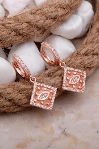 Göz Temalı Rose Gümüş Sallantılı Halka Küpe 5888