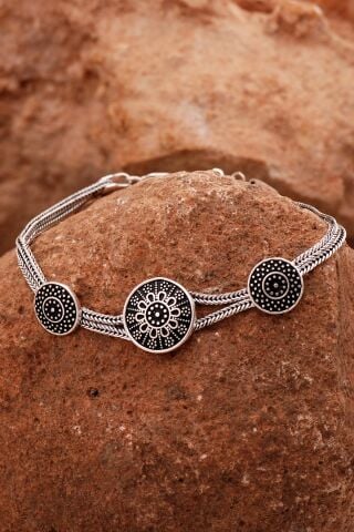 Mardin Güneşi Hasır Elişi Oksitli 925 Ayar Gümüş Bileklik 4433