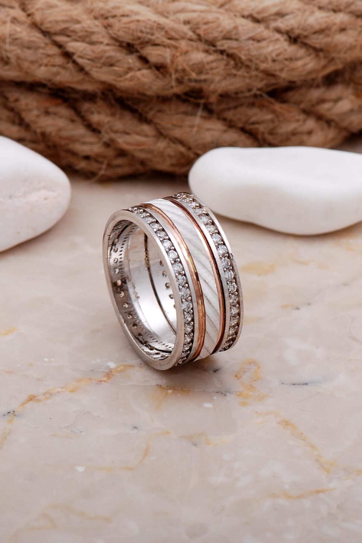 Tasarım Elişi Taşlı Gümüş Kadın Alyans 55