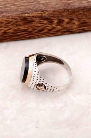 Oltu Taşlı Osmanlı Tuğralı Gümüş Erkek Yüzük 204