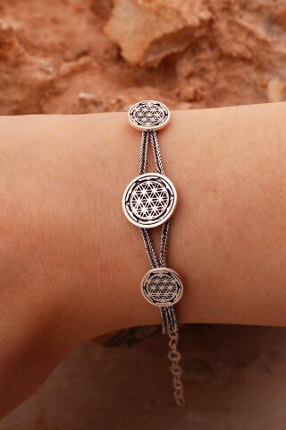 Yaşam Çiçeği Elişi Hasır Oksitli Gümüş Bileklik 4436