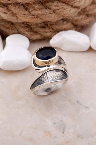 Safir Taşlı Damla Elişi Gümüş Yüzük 3315