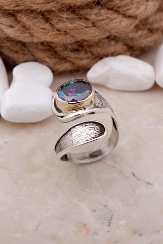 Mistik Topaz Taşlı Damla Elişi Gümüş Yüzük 3315