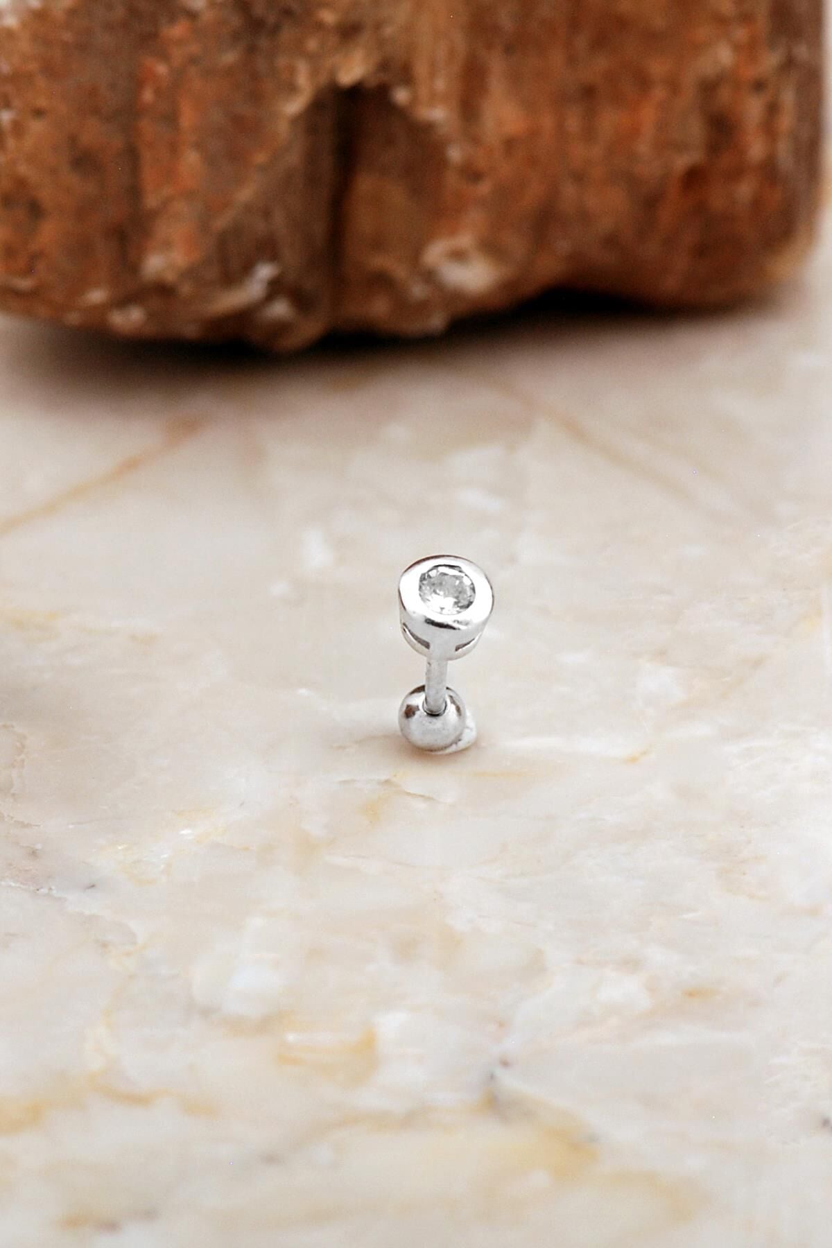 Tektaş Rodyumlu Gümüş Tragus Küpe 7077