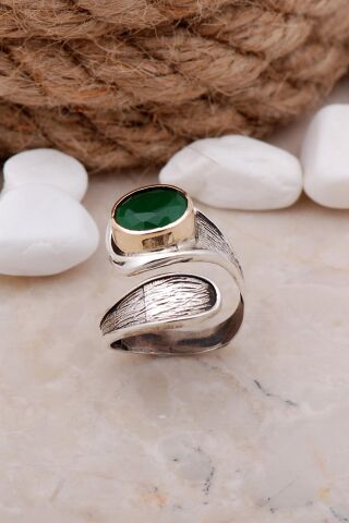 Kök Zümrüt Taşlı Damla Elişi Gümüş Yüzük 3315